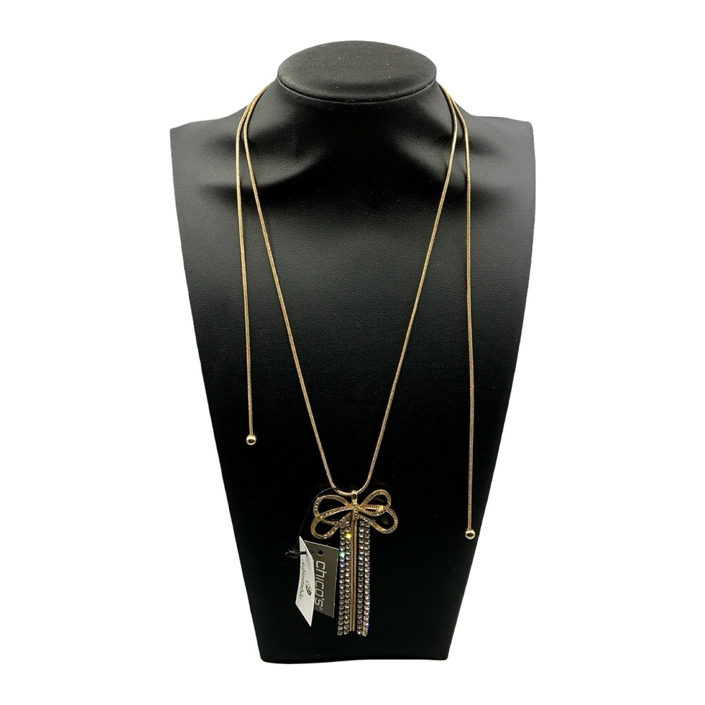 Chico's Pave Bow Gold Tone Adjustable Lariat Necklace Rhinestone Tassel NWT